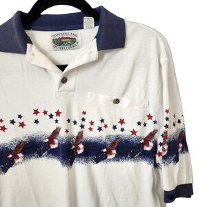 Vintage USA Flag American Eagle Cumberland Outfitters Polo White Shirt Men Small